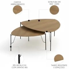 Mesa de Centro Para Sala Pés Metálicos Kit 2 Blen Louro/Preto I06 - Mp