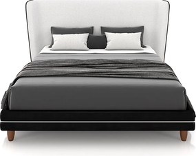 Conjunto Cama com Cabeceira Queen Torres Pés em Madeira PU/Bouclê Preto/Off White G91 - Gran Belo