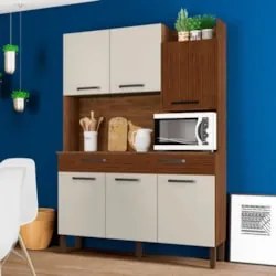 Armário de Cozinha Compacta 132cm Stella Z06 Nogueira/Off White/Ripado