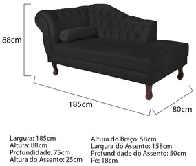 Recamier Diana 185cm Lado Direito Suede Preto - ADJ Decor
