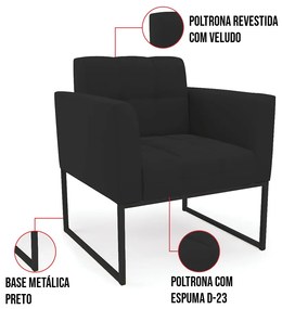 Kit 1 Sofá Namoradeira e 1 Poltrona Elisa Veludo Preto Base Metálica Industrial Preto D03 - D'Rossi