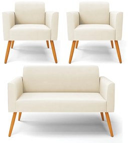 Sofá Namoradeira com 2 Poltronas Pés Palito Castanho Marisa Veludo   - Bege