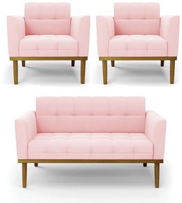 Namoradeira com 2 Poltronas Base de Madeira Castanho Elisa Suede D03 - D'Rossi - Rosa Bebê