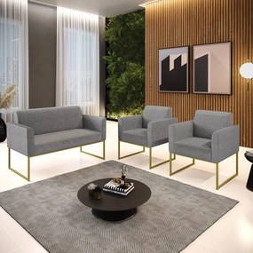 Sofá Namoradeira com 2 Poltronas Base Industrial Dourado Marisa Linho Grafite A26 D03 - D'Rossi