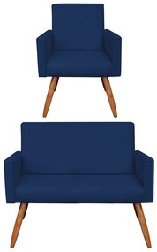 Kit 01 Namoradeira com 01 Poltrona Larissa Suede Pés Palito Castanho D'Rossi - Azul Marinho