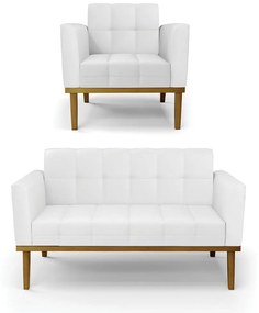 Conjunto Poltrona e Namoradeira Decorativas Karen Pés Fixo em Madeira Castanho PU Branco G19 - Gran Belo
