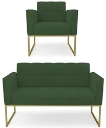 Sofá Namoradeira e 1 Poltrona Base Industrial Dourado Ana Veludo Verde