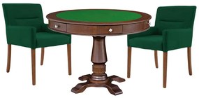 Mesa de Jogos Carteado Victoria Redonda Tampo Reversível Imbuia com Kit 2 Cadeiras Vicenza Verde G36 G15 - Gran Belo