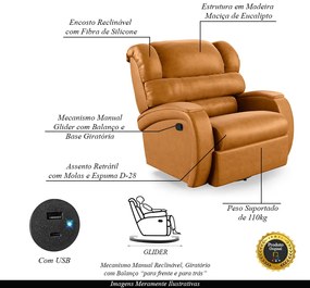 Poltrona do Papai Sala de Cinema Reclinável Kylie Glider Manual Giratória USB PU Whisky G23