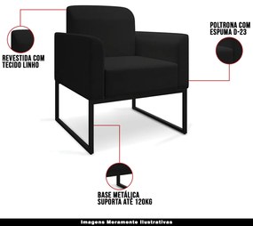 Poltrona Decorativa Isabella Base Industrial Linho Preto G19 - Gran Belo