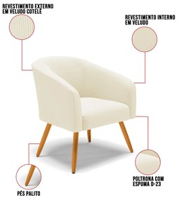 Poltrona Decorativa Pé Palito Castanho Stella Cotelê Ext/Veludo D03 - D'Rossi - Off White