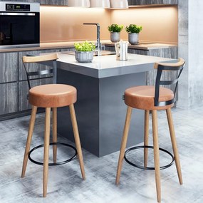 Banqueta Alta Cozinha 70cm Encosto Pé Madeira Kit 2 Kyara Pu S02 - D'Rossi - Caramelo