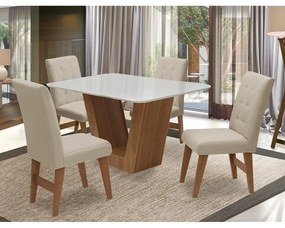 Conjunto Mesa de Jantar Safira com 04 Cadeiras Agata 135cm Cedro/Branco Off/Bege - ADJ DECOR