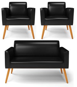 Sofá Namoradeira com 2 Poltronas Pés Palito Castanho Marisa Corano D03 - DRossi - Preto