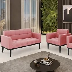 Sofá Namoradeira e 1 Poltrona Base Madeira Preto Ana Suede Rosê - Ibiz
