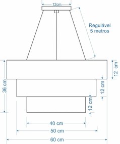 Lustre Pendente Triplo Quadrado Md-4382 Cúpula em Tecido Bege