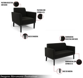 Conjunto 2 Poltronas e 1 Namoradeira Decorativa Isabella Pés Fixo em Madeira Preto Suede Preto G19 - Gran Belo