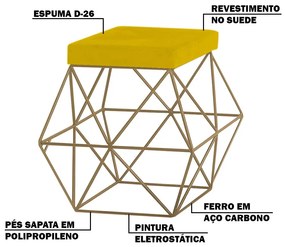 Kit 2 Puffs Decorativo Sala de Estar Base Gold Trixie Suede Amarelo G41 - Gran Belo
