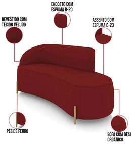 Sofá 3 Lugares Orgânico 180cm Pé em Aço Dourado Morgan Veludo D03 - D'Rossi - Marsala