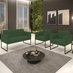 Sofá Namoradeira e 2 Poltronas Base Industrial Preto Ana Veludo Verde