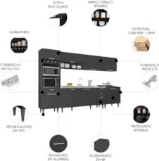 Armário de Cozinha CP05 Com Pia 180cm Pérola Z34 Preto      - Mpozenat