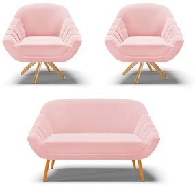 Kit 01 Namoradeira 02 Lugares e 02 Poltronas Giratória Giovana Suede Base Madeira MA30 - D'Rossi - Rosa Bebê