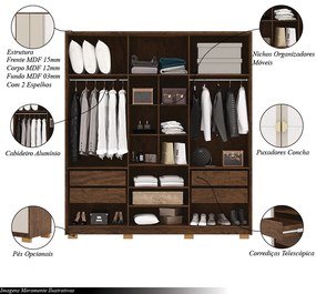 Guarda Roupa Casal Marlin 6 Portas de Bater 2 com Espelhos 4 Gavetas com Nichos MDF Nogueira/Fendi G98 - Gran Belo