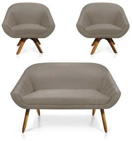 Kit 01 Namoradeira 02 Lugares e 02 Poltronas Giratória Giovana Suede Marrom Rato Base Madeira MM30 - D'Rossi
