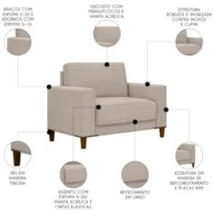 Sofá 3 Lugares 214cm Com 02 Poltronas Zaire Z32 Linho Areia    - Mpoze
