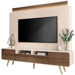 Estante Painel de TV 85 Pol 220cm Évora H01 Castanho/Off White - Mpoze
