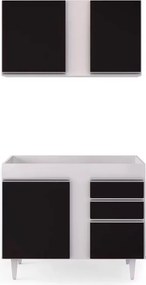 Kit Armário Aéreo e Balcão de Cozinha Lavanderia Aurora sem Tampo 100cm L06 - D'Rossi - Branco e Preto