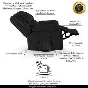 Poltrona do Papai Reclinável Sala de Cinema Madrid Glider Manual Giratória PU Preto  G23
