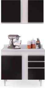 Kit Armário Aéreo e Balcão de Cozinha Lavanderia Aurora com Tampo Branco e Preto 100 cm L06 - D'Rossi