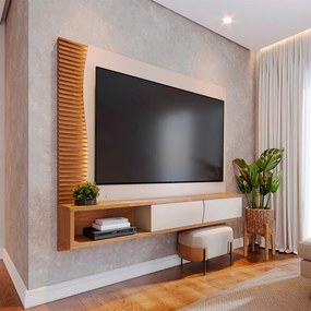 Home Suspenso para TV até 65 MDP/MDF Sabat 179cm Fitas LED Portas Basculantes Off White/Freijó G73 - Gran Belo