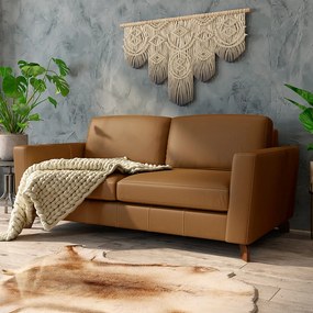 Sofá Sala de Estar Living 3 Lugares 240cm Presley Pés Madeira Couro Caramelo G52 - Gran Belo
