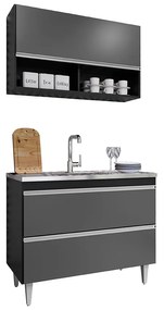 Conjunto Balcão de Cozinha Armário Aéreo Wollo MDP/BP Preto/Grafite G96 - Gran Belo