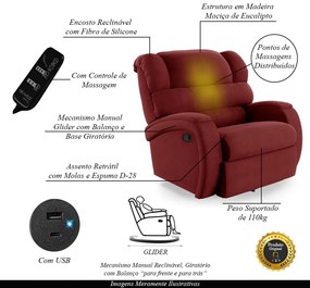 Poltrona do Papai Sala de Cinema Reclinável Kylie Glider Manual Giratória Massagem USB Veludo Vermelho G23