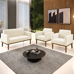 Sofá Namoradeira e 2 Poltronas Base Madeira Castanho Maressa Veludo Be