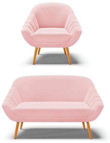 Kit 01 Namoradeira 02 Lugares e 01 Poltrona Giovana Suede Rosa Bebê Pés Palito Castanho - D'Rossi