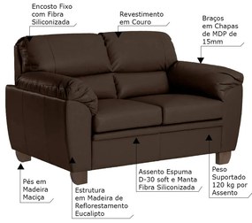 Sofá 2 Lugares Sala de Estar Pés em Madeira Nauru Couro Tabaco G43 - Gran Belo