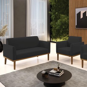 Conjunto Poltrona e Namoradeira Decorativas Karen Pés Fixo em Madeira Castanho Veludo Preto G19 - Gran Belo
