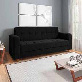Kit 01 Sofá 3 Lugares e 02 Poltronas Arezzo Linho Preto A79 Pés Chanfrado Castanho - D'Rossi