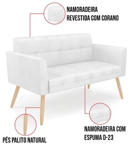 Kit 1 Sofá Namoradeira e 2 Poltronas Elisa Corano Branco Pés Palito Natural - D'Rossi