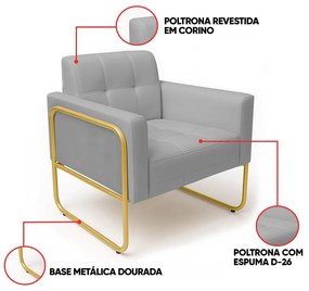 Poltrona Sala Industrial Alta Tubo Dourado Elisa Sintético D03 - D'Rossi - Cinza
