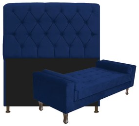Kit Cabeceira Lady e Recamier Félix 160 cm Queen Size Suede Azul Marinho - ADJ Decor
