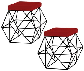 Kit 2 Puffs Decorativo Sala de Estar Base Preto Trixie Veludo Vermelho G41 - Gran Belo