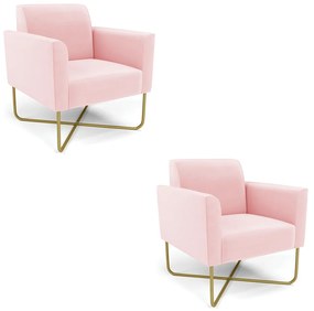Kit 2 Poltronas Base X Industrial Dourado Marisa Suede D03 - D'Rossi - Rosa Bebê