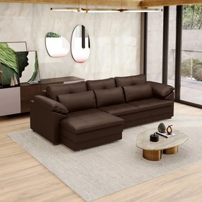 Sofá Retrátil Manual Sala de Estar Nolan Bipartido 297cm Conforto Premium em Couro Marrom Brilho G58 - Gran Belo