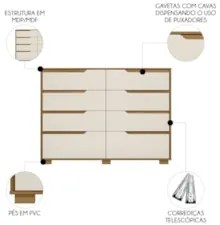 Cômoda Para Quarto 8 Gavetas 147cm Parma Z17 Freijó/Off White - Mpozen