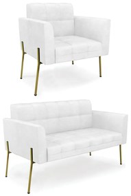 Sofá Namoradeira e Poltrona Base Pé de Ferro Dourado Elisa Corano D03 - D'Rossi - Branco